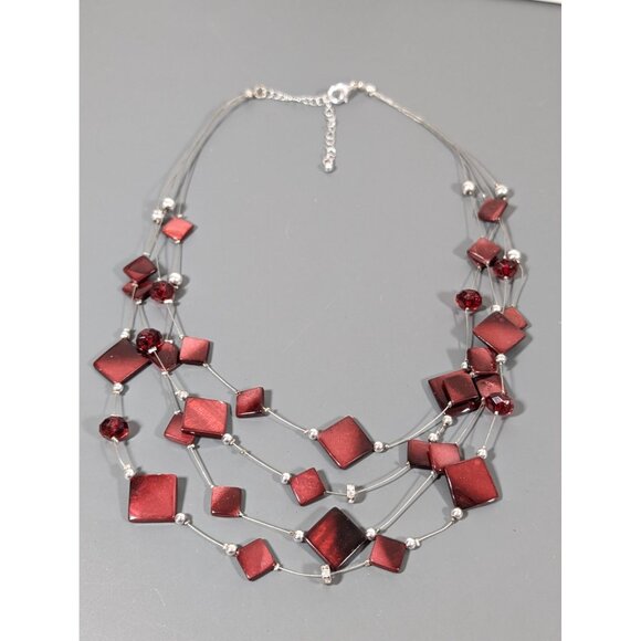 Beachy Boho Wine Red Square Shell Station Multi Wire Bead Necklace Bib 22" - Picture 2 of 7